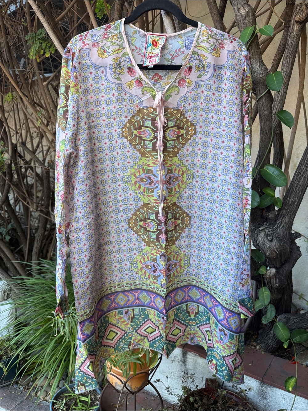 Johnny Was Floral Geometric V-Neck Tunic - Pink, Green, Purple